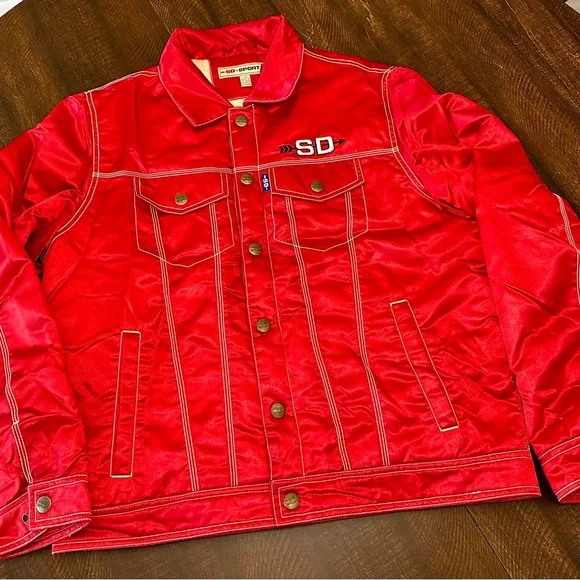 SD Sport Red Peppers Satin Men’s Trucker Full Snap Jacket-Size Large Jackets & Coats